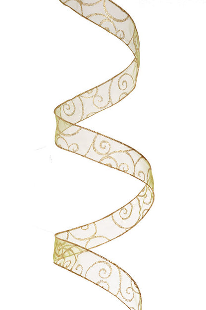 1.5" X 50Yds Wired Swirl  Ribbon Spring Moss/Gold