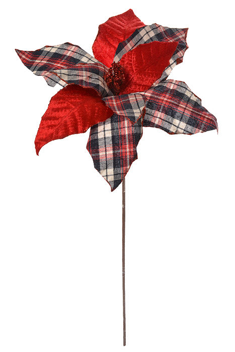 24.5&quot; Plaid Poinsettia Stem Red/Blue