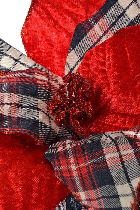 24.5&quot; Plaid Poinsettia Stem Red/Blue