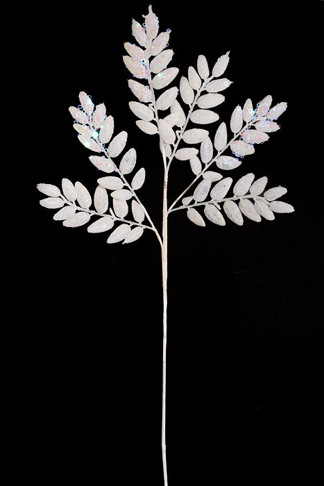 29" Glitter Leaf W/Sequin Spray White