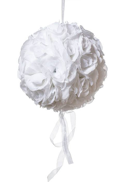 13" Rose Ball W/ribbon White