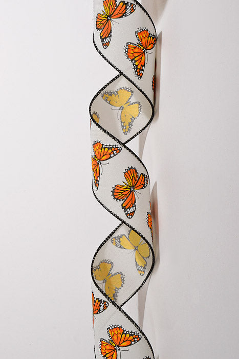 2.5" X 10Yds Wired Ivory Shiny Linen Monarch Butterfly Ribbon