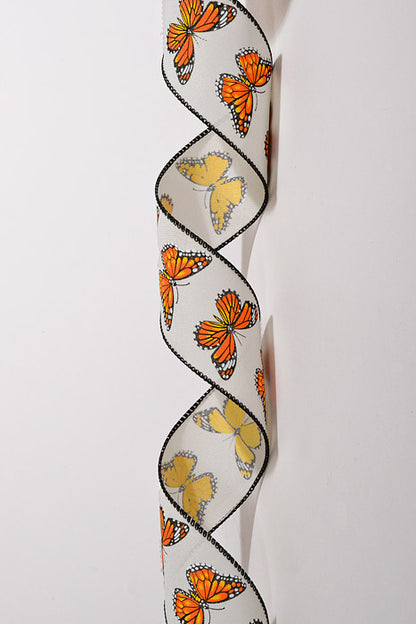 2.5" X 10Yds Wired Ivory Shiny Linen Monarch Butterfly Ribbon