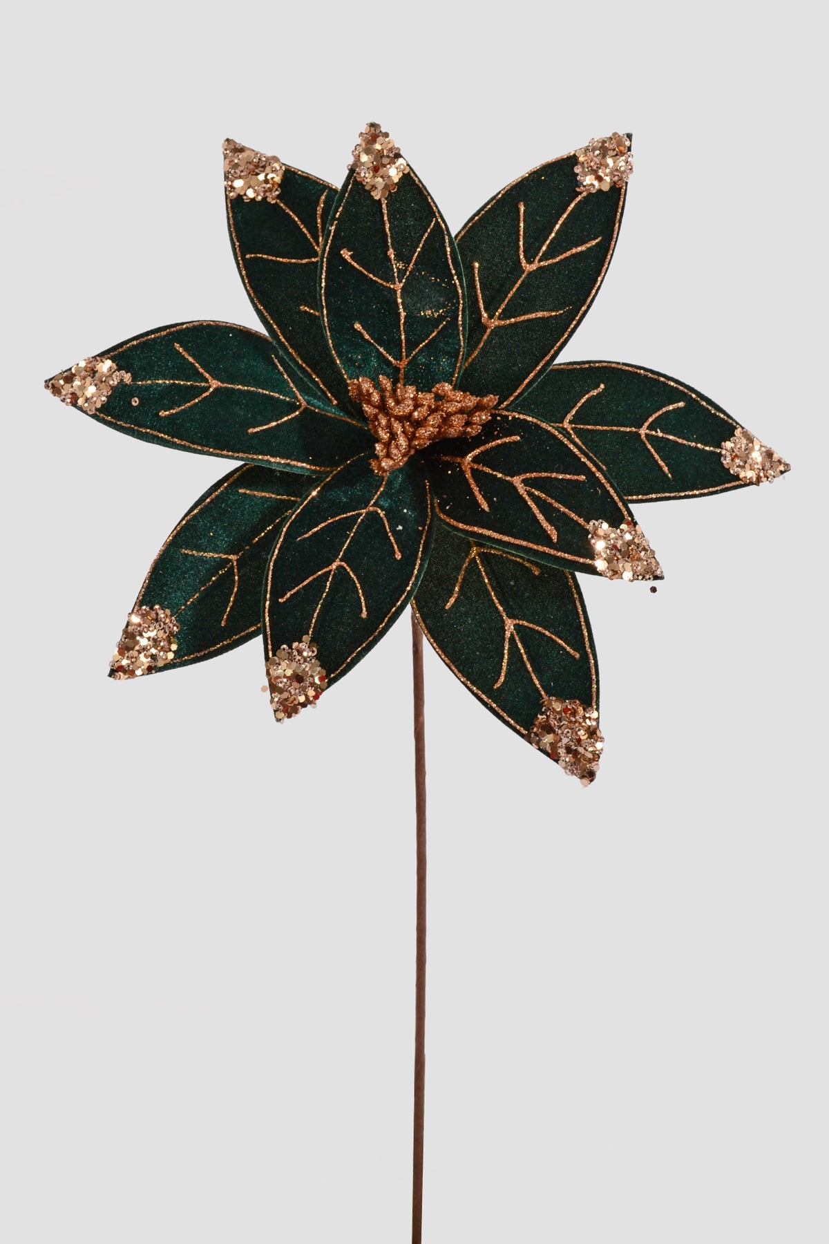 24" Velvet/Sequins Poinsettia Stem Emerald