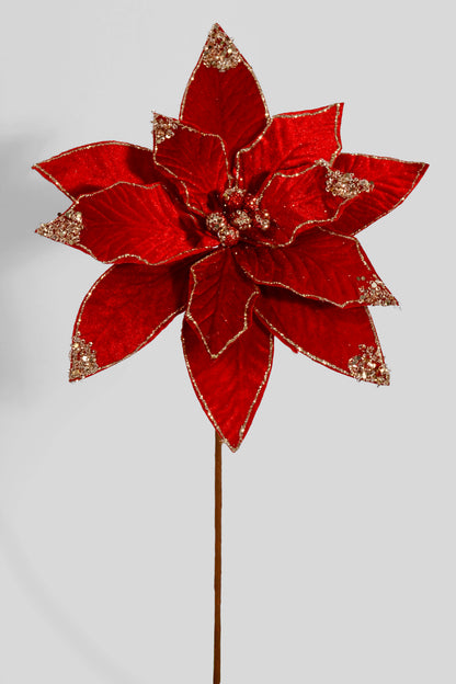 23.5" Velvet/Sequins Poinsettia Stem Red
