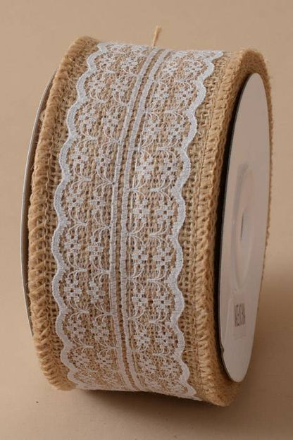 2.30" X 10yds Jute Ribbon Burlap W/lace Natural/white
