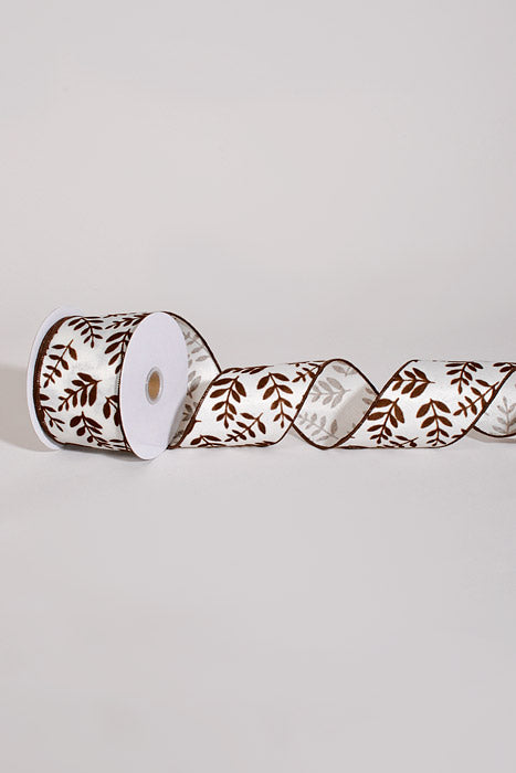 2.5" X 10Yds Wired Linen with Flocked Fern Branch Ribbon Cream/Brown