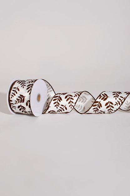 2.5" X 10Yds Wired Linen with Flocked Fern Branch Ribbon Cream/Brown