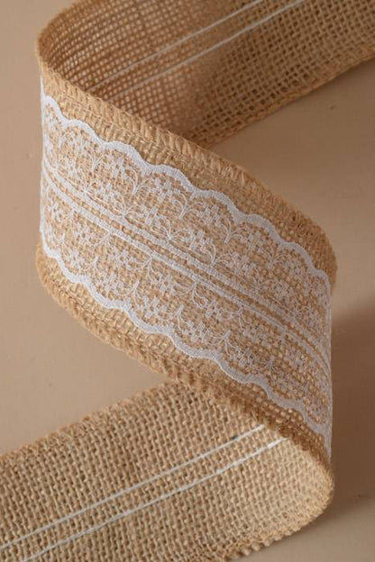 2.30" X 10yds Jute Ribbon Burlap W/lace Natural/white