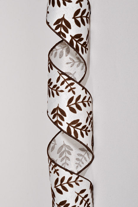 2.5" X 10Yds Wired Linen with Flocked Fern Branch Ribbon Cream/Brown