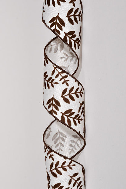 2.5" X 10Yds Wired Linen with Flocked Fern Branch Ribbon Cream/Brown