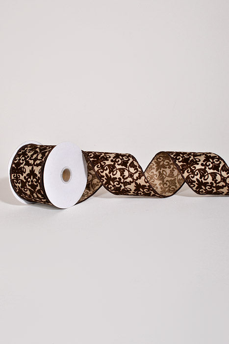 2.5&quot; X 10Yds Wired Linen Flocked Demask Ribbon Brown