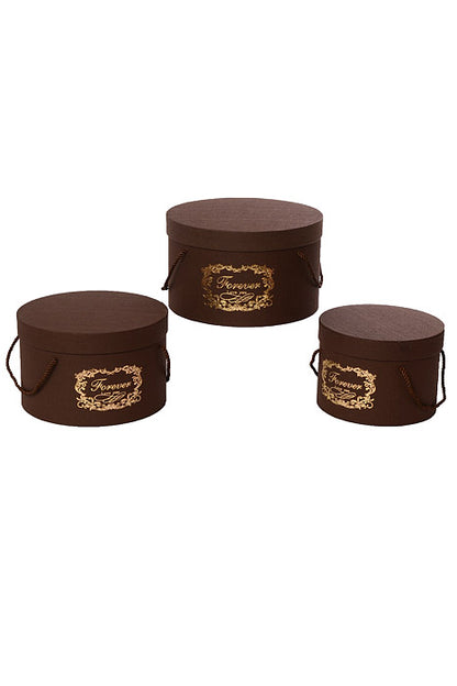 7.25" / 8.75" / 10" Round Gift Box With Lid Ribbon Brown Set/3