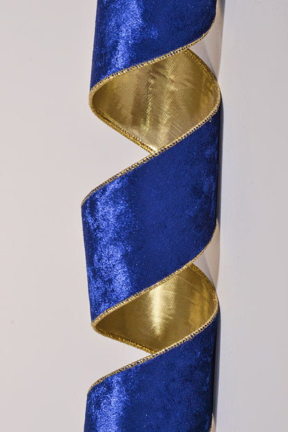 2.5" X 10Yds Wired Crushed Velvet Gold Back Ribbon Deep Blue