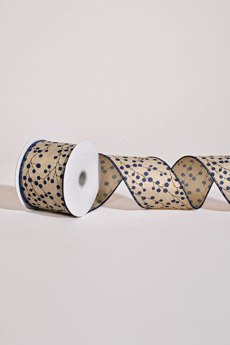 2.5" x 10Yds Wired Natural Linen Blueberries W/Blue Edge Ribbon