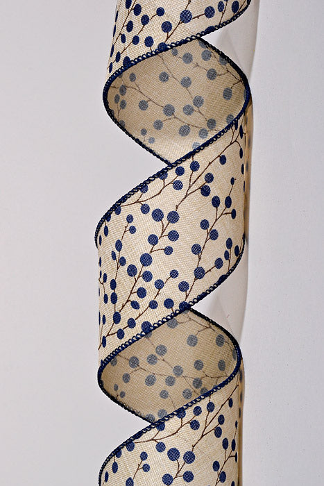 2.5" x 10Yds Wired Natural Linen Blueberries W/Blue Edge Ribbon