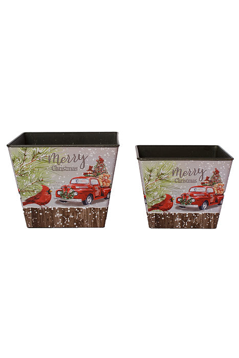 4"-4.75" Xmas Square Plastic Vases Gray/Red Set/2