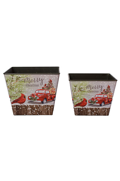 4"-4.75" Xmas Square Plastic Vases Gray/Red Set/2