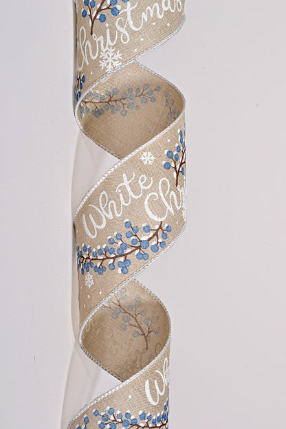 2.5" x 10Yds Wired Linen White Christmas Blue Berrie Natural