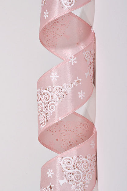 2.5" X 10Yds Wired Satin Swirl Christmas Tree Ribbon Pink/White