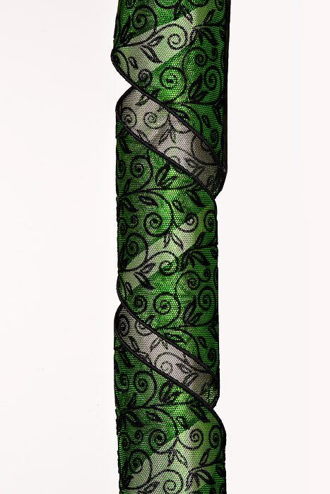 4" X 10Yds Wired Metallic Moss Honeycomb W/Flocked Swirls Ribbon Black