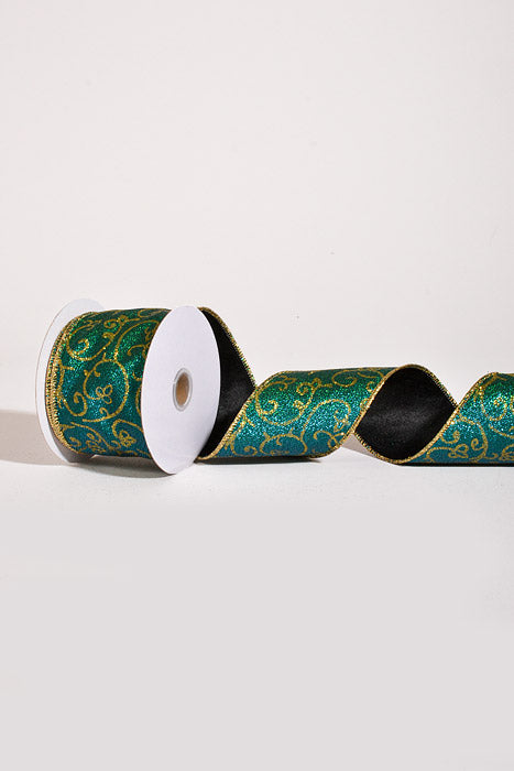 2.5" X 10Yds Wired Organza with Metallic Swirls Ribbon Peacock/Gold