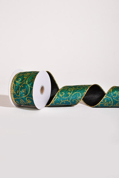 2.5" X 10Yds Wired Organza with Metallic Swirls Ribbon Peacock/Gold