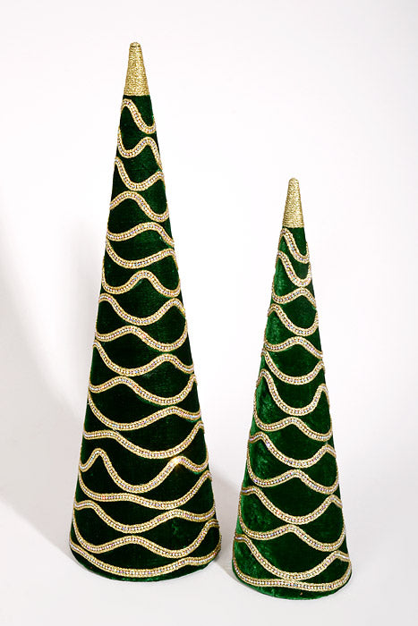 18.5-25" Velvet with Jewel Cone Tree Dark Green Set/2
