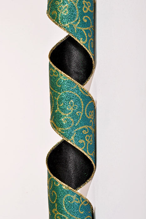 2.5" X 10Yds Wired Organza with Metallic Swirls Ribbon Peacock/Gold