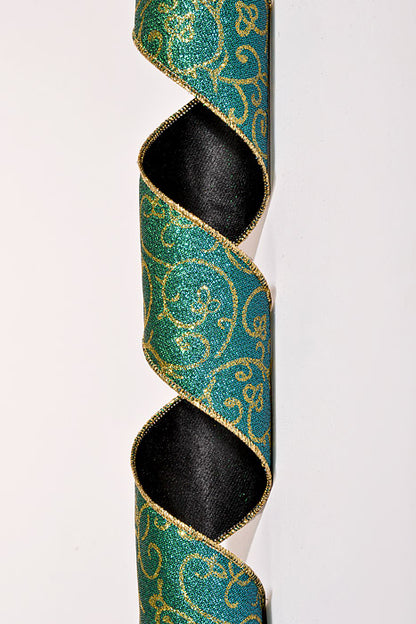 2.5" X 10Yds Wired Organza with Metallic Swirls Ribbon Peacock/Gold