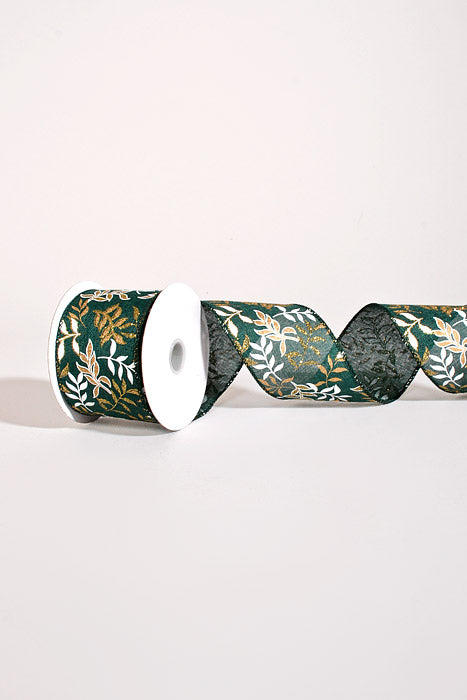 2.5" x 10Yds Wired Hunter Linen Pressed Branche Ribbon