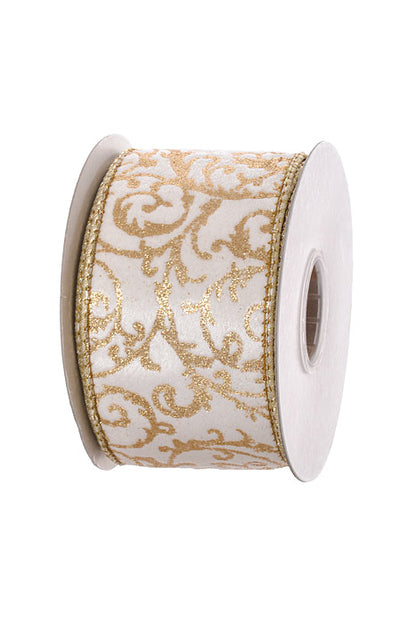 2.5" X 5Yds Wired Scroll Metallic Dupion Fused Ribbon White/Gold