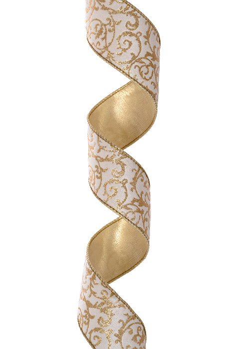 2.5" X 5Yds Wired Scroll Metallic Dupion Fused Ribbon White/Gold