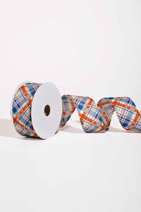 1.5" x 10Yds Wired Diagonal Linen Rust-Blue-Gold Argyle