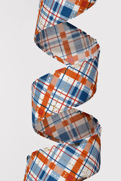 1.5" x 10Yds Wired Diagonal Linen Rust-Blue-Gold Argyle