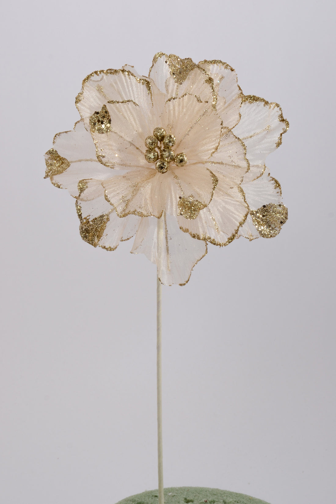 22" Mesh/Glitter Poinsettia Stem Ivory/Gold