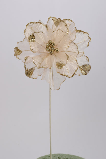 22" Mesh/Glitter Poinsettia Stem Ivory/Gold