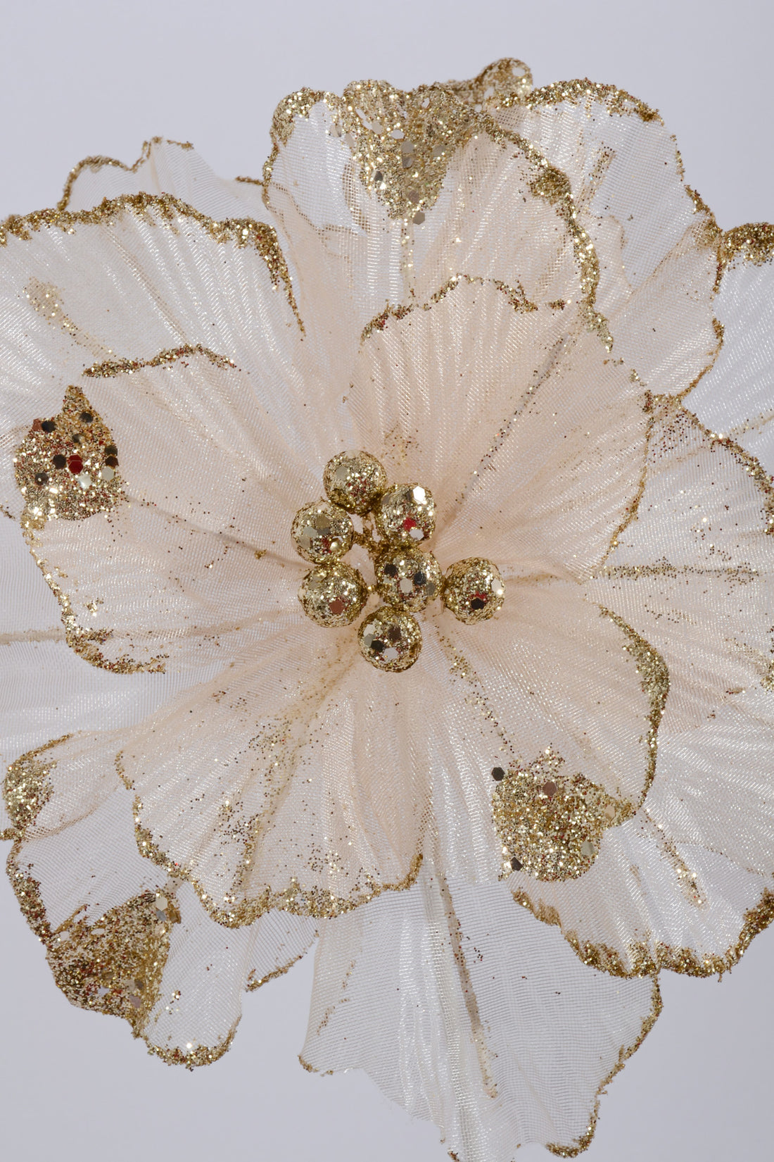 22" Mesh/Glitter Poinsettia Stem Ivory/Gold