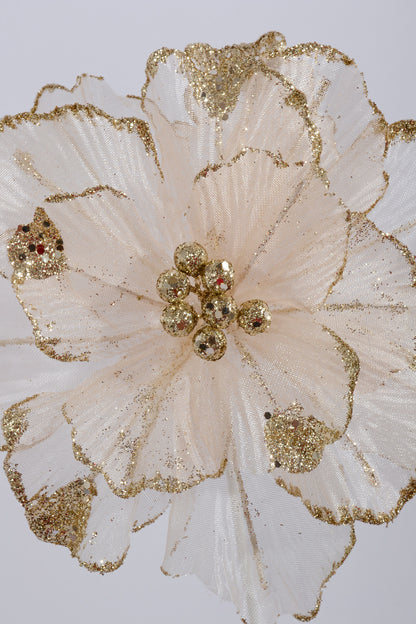 22" Mesh/Glitter Poinsettia Stem Ivory/Gold