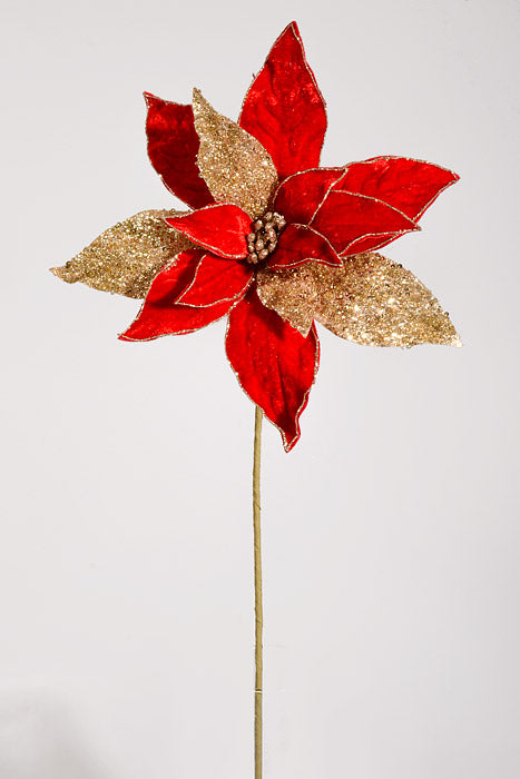 24" Regal Velvet with Glitter Poinsettia Stem Red/Gold