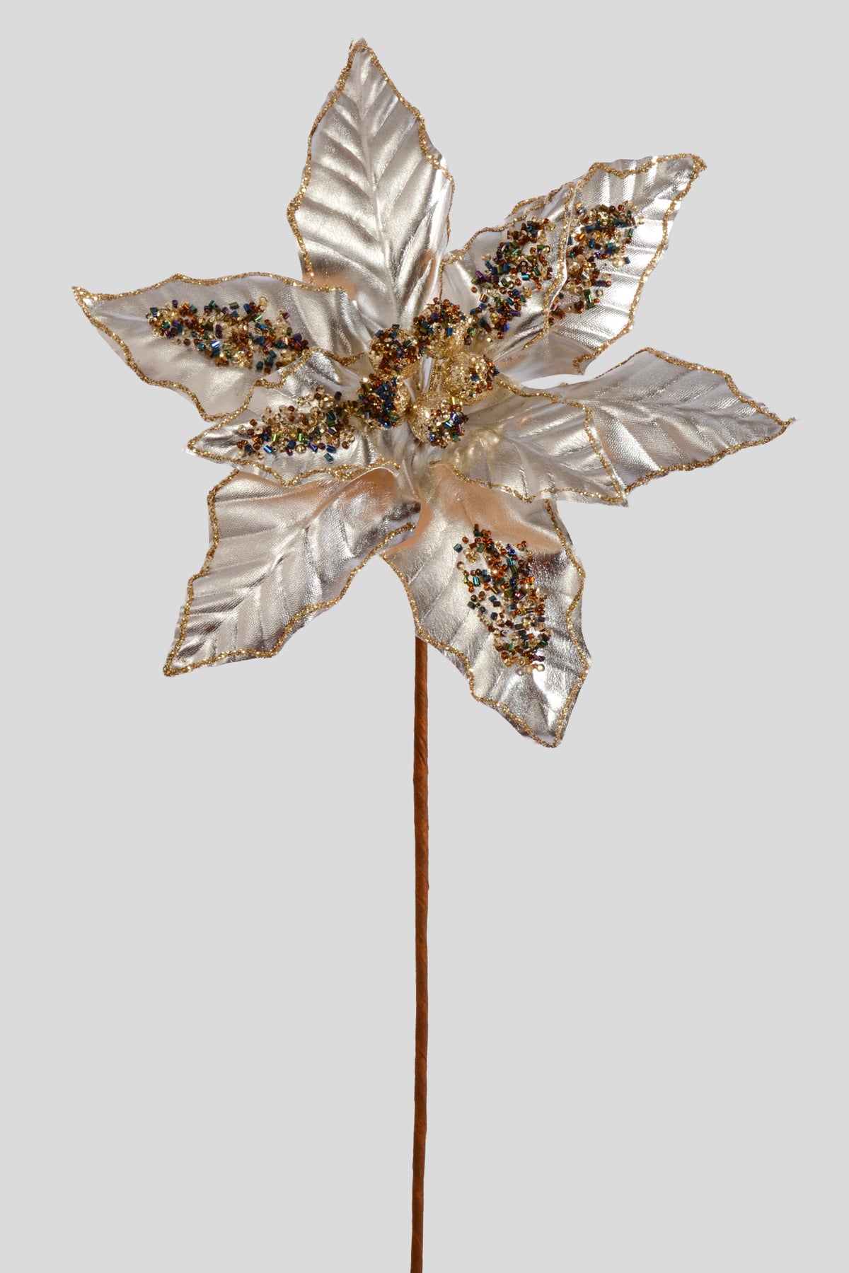 25" Metallic/Sequins Poinsettia Stem Silver