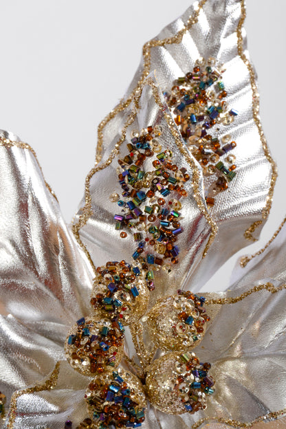 25" Metallic/Sequins Poinsettia Stem Silver