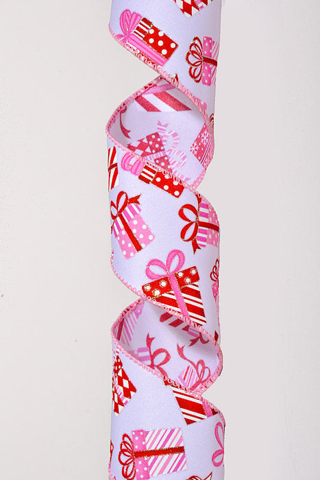 2.5" x 10Yds Wired Satin Glittered Wrapped Gifts Ribbon White/Red/Pink/Iridescent