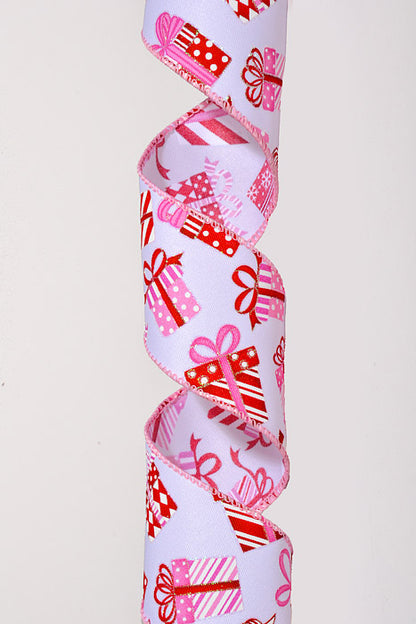 2.5" x 10Yds Wired Satin Glittered Wrapped Gifts Ribbon White/Red/Pink/Iridescent