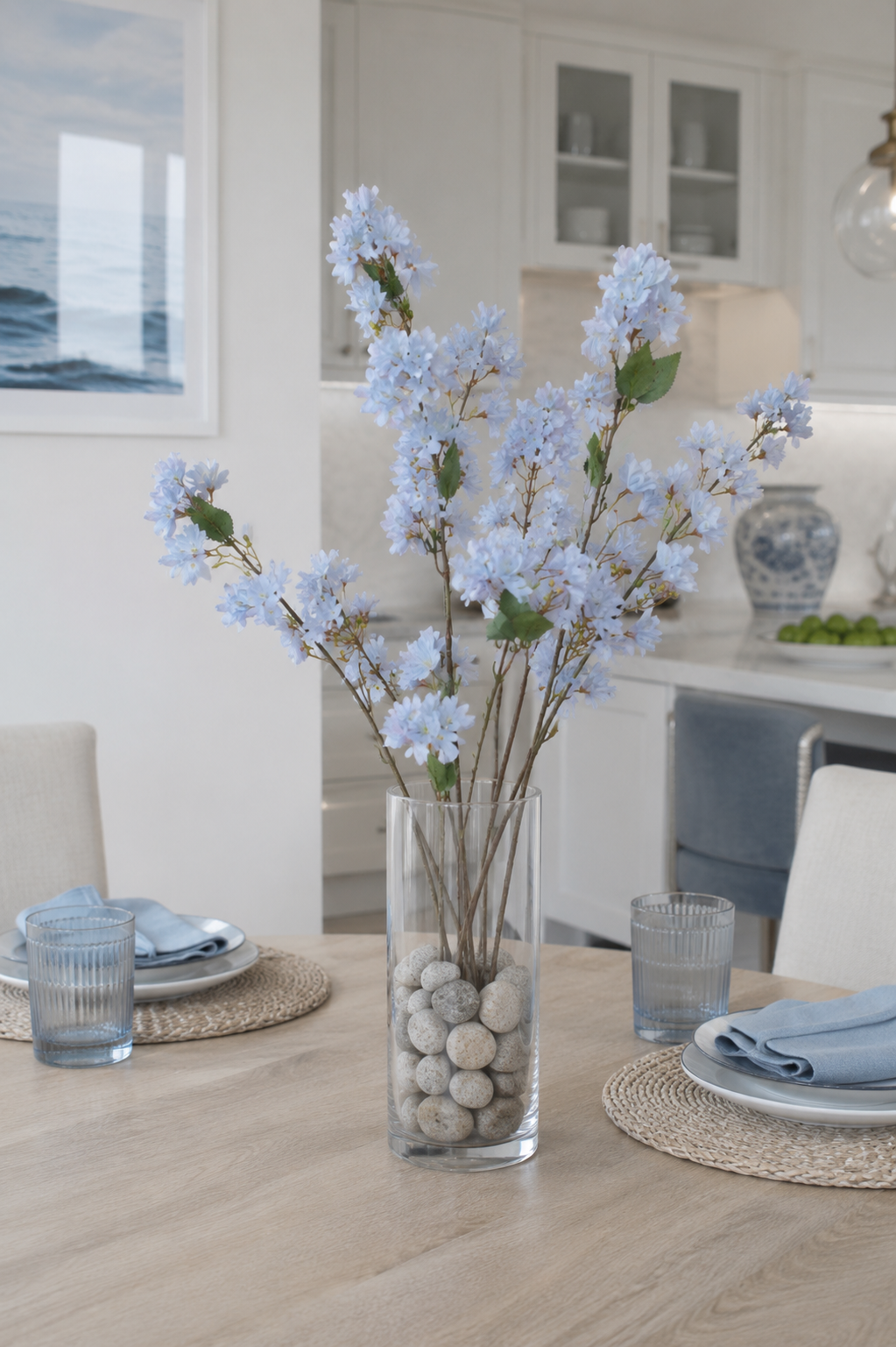 35.5" Silk Cherry Blossom Spray Light Blue