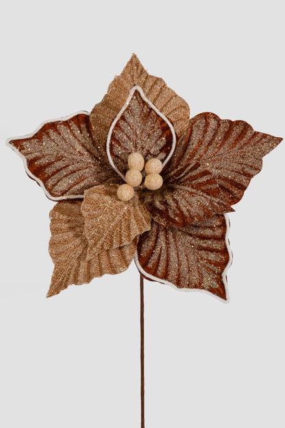 18" Velvet/Burlap/Snow Poinsettia Stem Brown