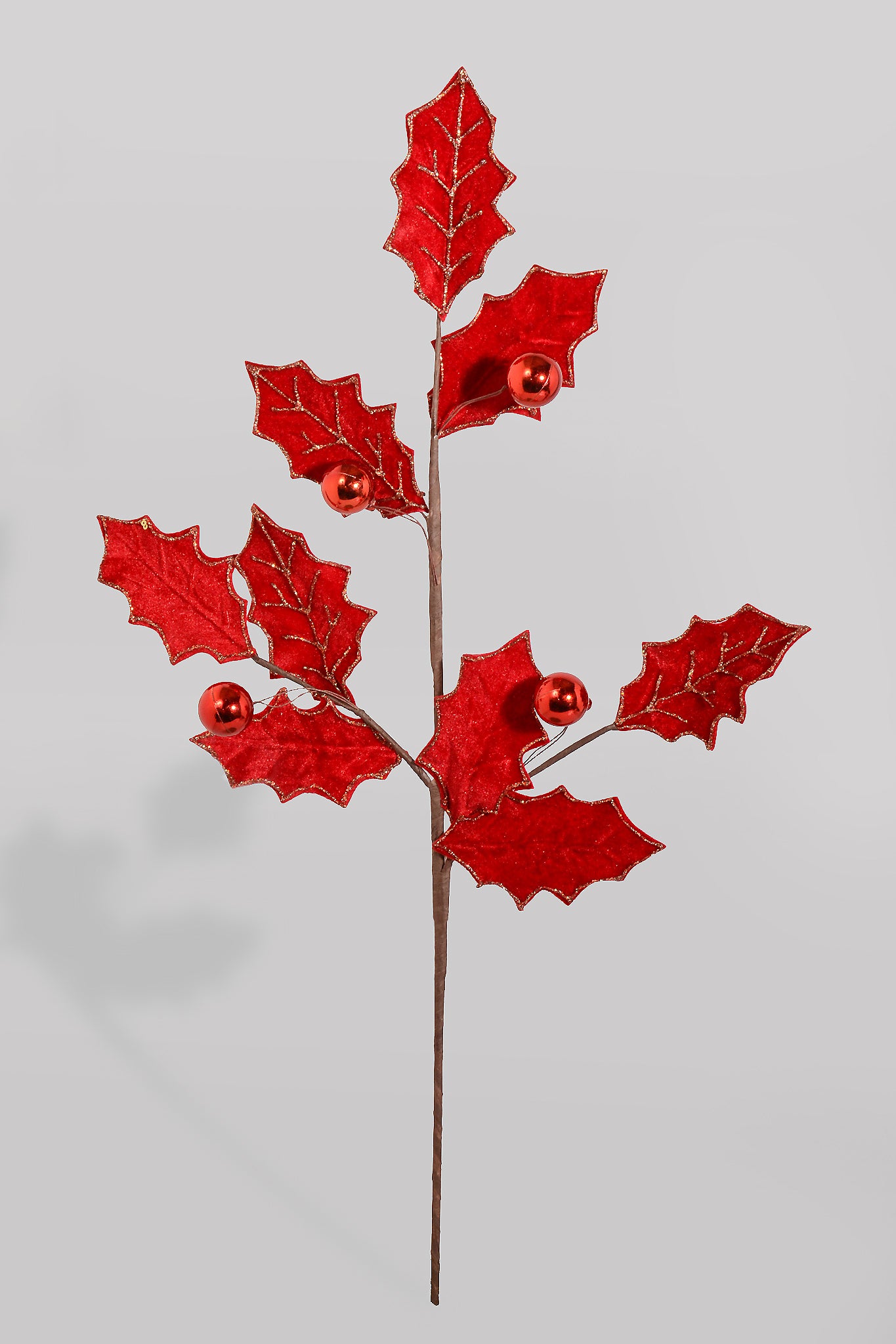 27" Velvet Holly Leaf Spray With Ball Red