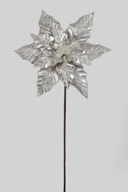 25" Metallic/Glitter Poinsettia Stem Silver