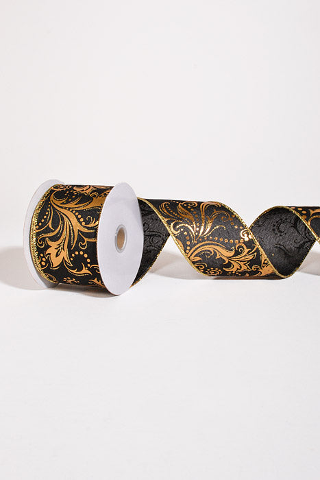 2.5" X 10Yds Wired Linen Gold Metallic Swirls Ribbon Black