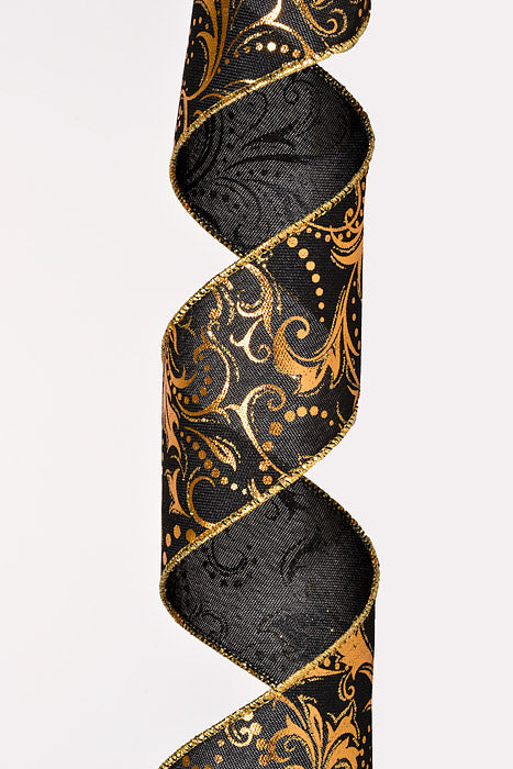 2.5" X 10Yds Wired Linen Gold Metallic Swirls Ribbon Black